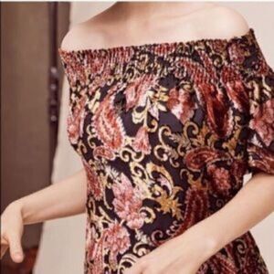 Anthropologie Seen Worn Kept Off the Shoulder Velvet Floral Embossed Top Black M